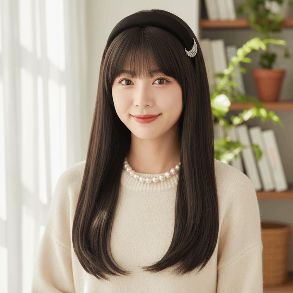 Hair Hoop Half Headband Wig Korean Style Long Straight Hair Simulated Pearl Headband Wig  Party