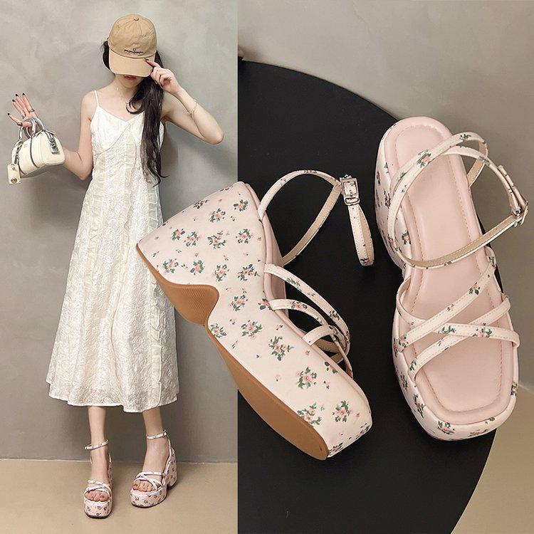 

Height-increasing platform high-heeled sandals summer new wear sweet word with pastoral wedge sandals women 35 рожевий