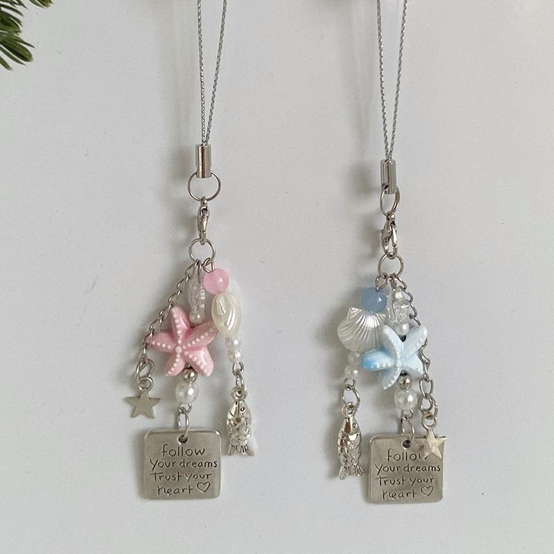 Summer Starfish Fish Phone Chain Y2K Sweet Beaded Mobile Phone Lanyard Keychain Girly Cute Ins Phone Charm Pendant