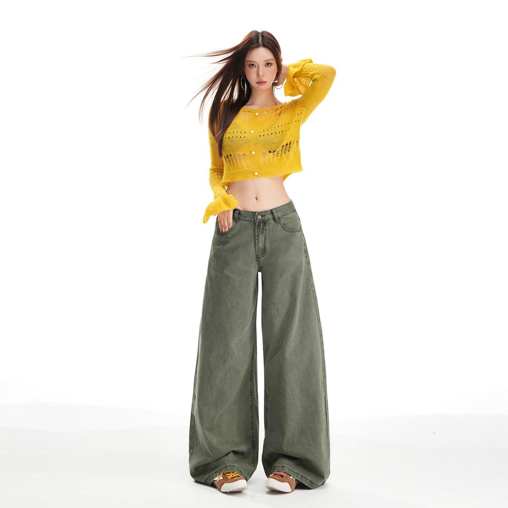 American khaki high-waisted jeans women's autumn new straight loose drape thin wide-leg floor pants