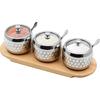 3pcs Sugar Bowl with Lid and Spoon, Stainless Steel Condiment Pots 12oz Seasoning Container Spice Jars Sugar Bowl Set (Wooden Tray)