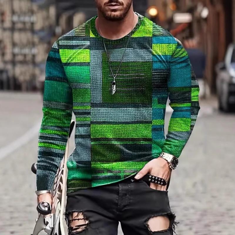 Men's Spring Summer Long Sleeve T-Shirt Green Geometric Patchwork Print Casual Streetwear