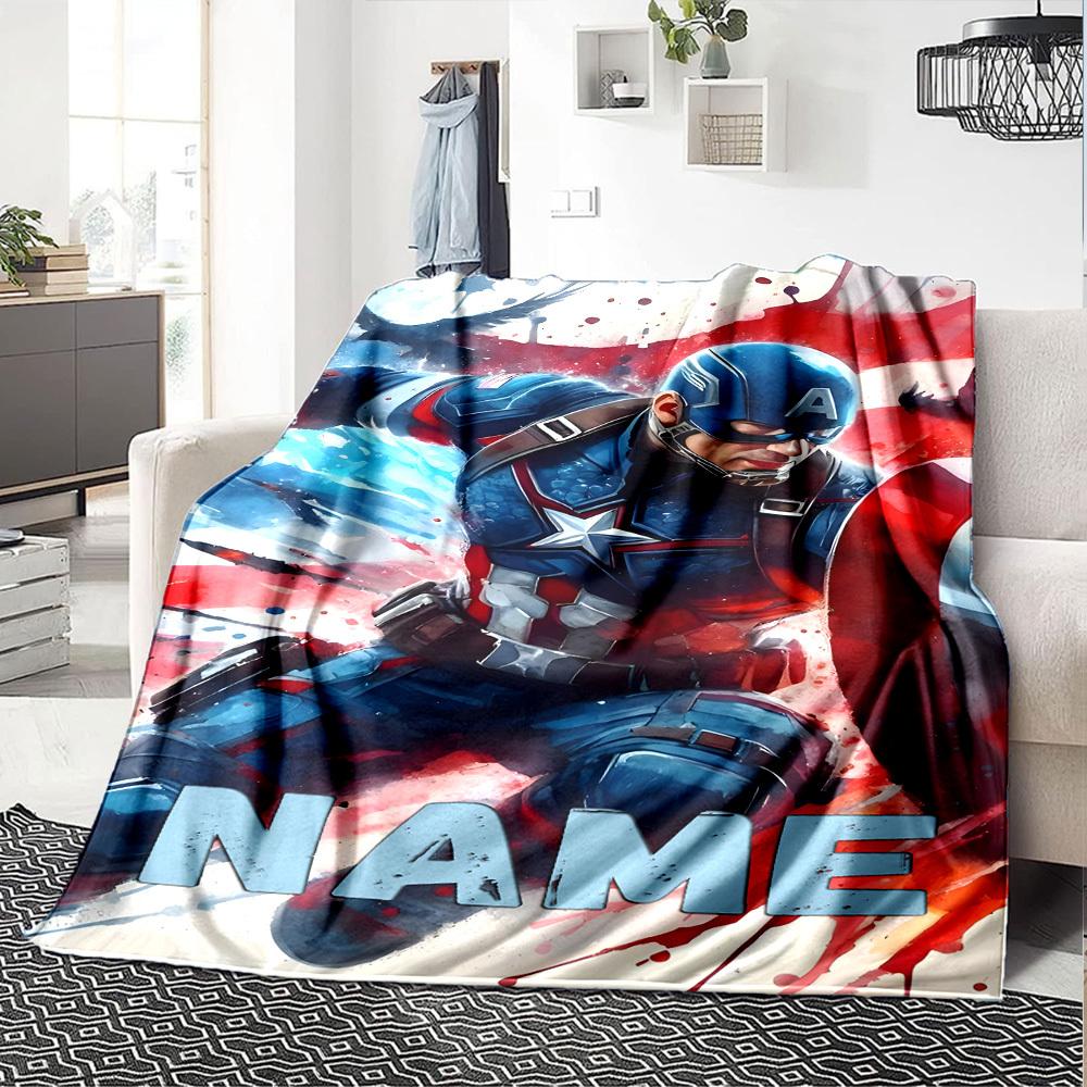 Captain America In Dynamic Pose With Shield And Patriotic Colors Multipurpose Personalized Blanket Customize Your Name Comfortable Texture For Sofa