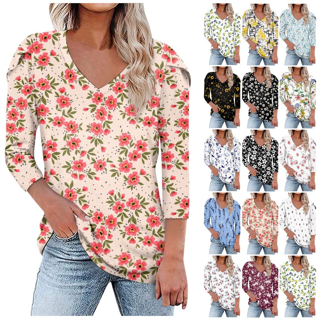 3/4 Petal Sleeve Shirts For Women Print Graphic Tees Blouses Uniform Overalls Pullover