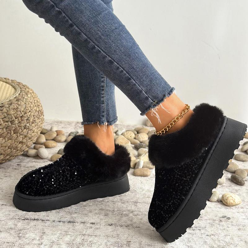 Fashion Luxury Sequined Fabric Non Slip Snow Boots Women 2025 Winter Comfort Fur Thick Bottom Ankle Boots Warm Short Plush Booties