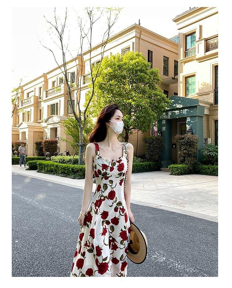 Popular] Rose Floral Suspender Dress Women's Summer New Coffee Break French High-end Temperament Medium and Long Dress