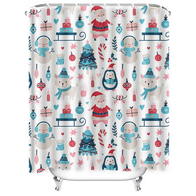 TU Cute Christmas Shower Curtain Festive Holiday Bathroom Decor Santa Claus Reindeer Pattern Waterproof Fabric Home Textile Xmas