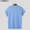 INCERUN Men Lapel Neck Solid Color Stitching Texture Casual T-shirt Tops
