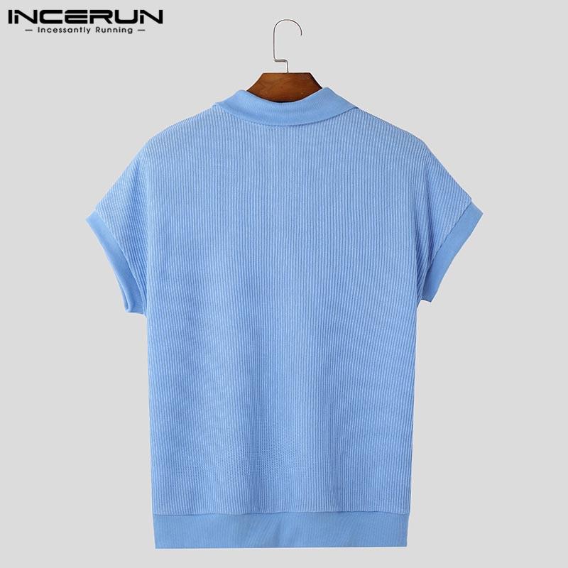 INCERUN Men Lapel Neck Solid Color Stitching Texture Casual T-shirt Tops