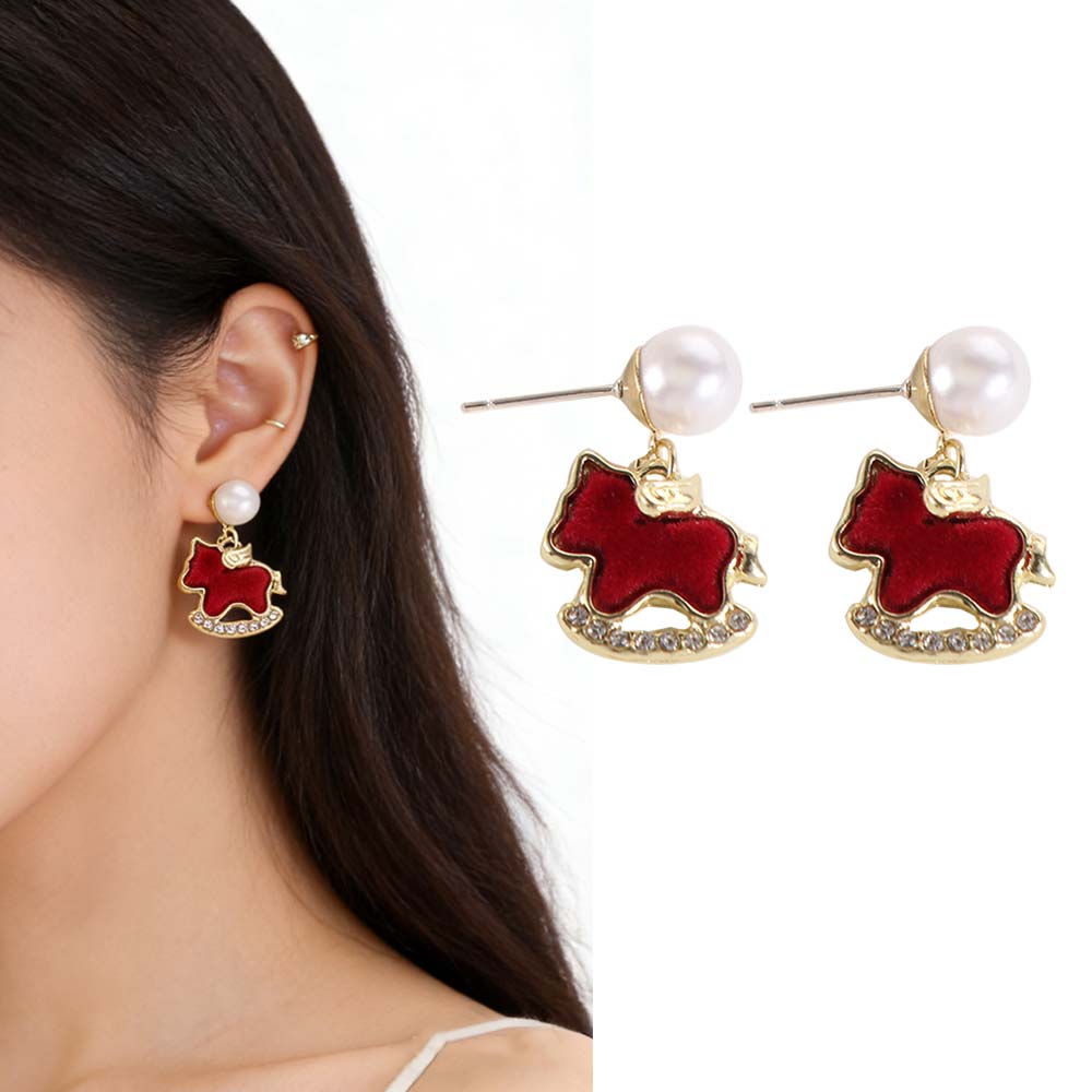 Rhinestone Crystal Zodiac Pony Earrings Red Horse Stud Earrings Animal Earrings  Birthday Party