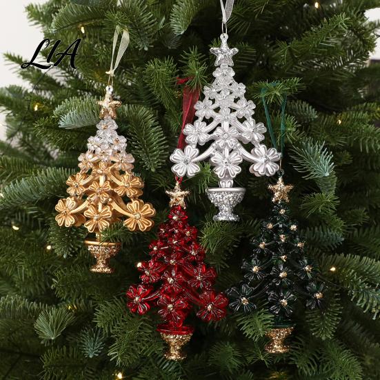 Acrylic Flower Tree Figurines Christmas Ornament with Lanyard, Xmas Shaped Gift for Friends Family Decorative Hanging Pendant Holiday Tree,