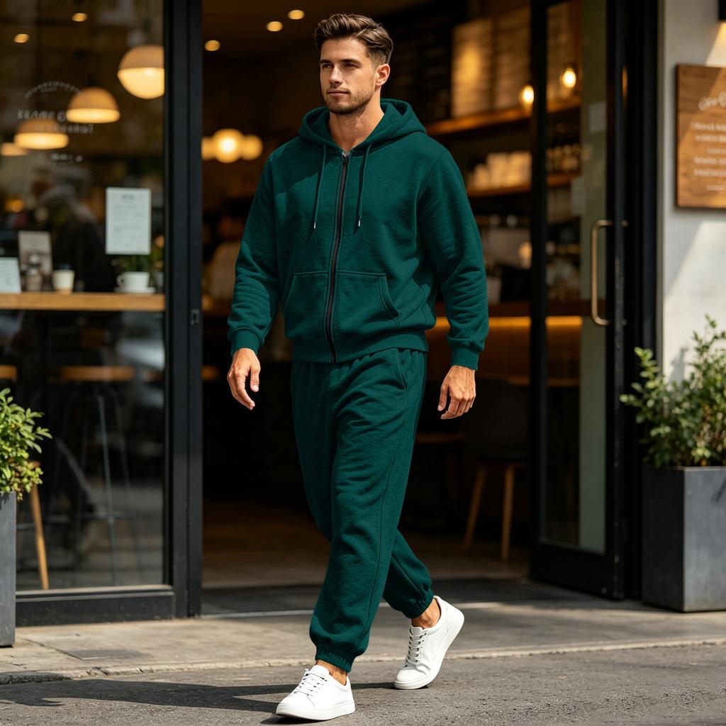 Men's Multi-Pocket Zip-Up Hooded Sweatshirt and Pants Set Athletic Tracksuit