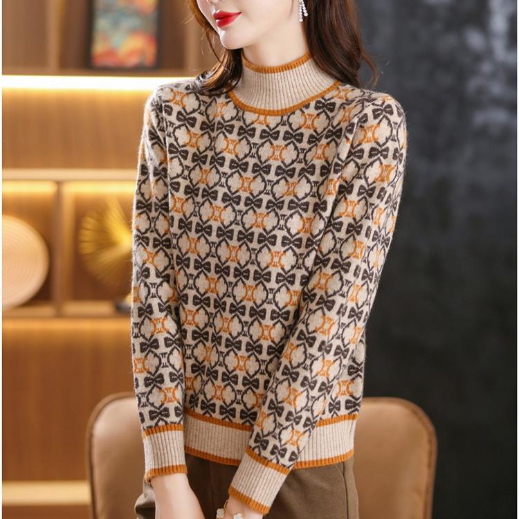 Half Turtleneck Color-blocking Sweater for Women In Autumn and Winter Jacquard Knitted Sweater Floral Casual Long-sleeved Pullover