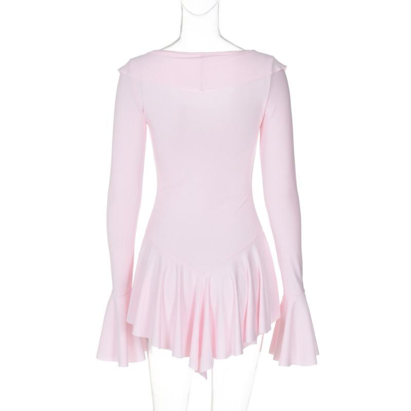 Mode Sexy Ausgestelltes Langärmeliges Tief V-Ausschnitt Kurzes Kleid Lässig Elegant Bodycon Gerüscht Geschnürt Süße Partykleider Streetwear Club Damenbekleidung