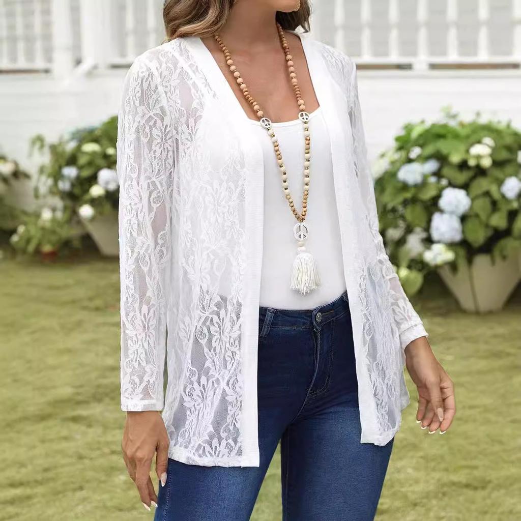 Autumn and Winter Women's Elegant Fashion Lace Hollow Splicing Long Sleeve Jacket