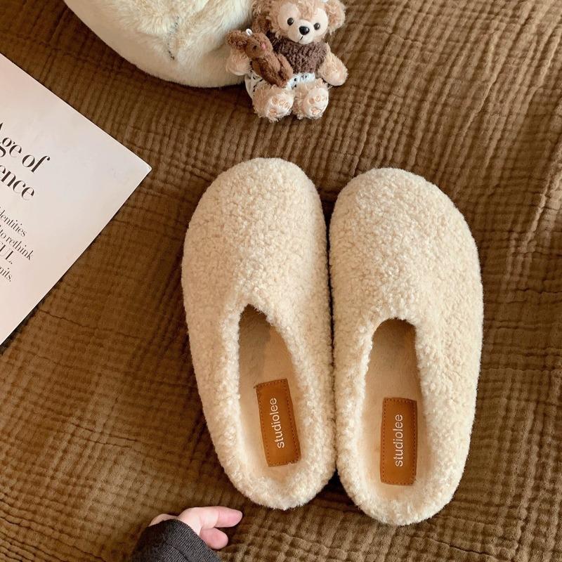 Wool version bag head, one pedal, velvet warm cotton shoes, women's half slippers, lazy fluffy shoes