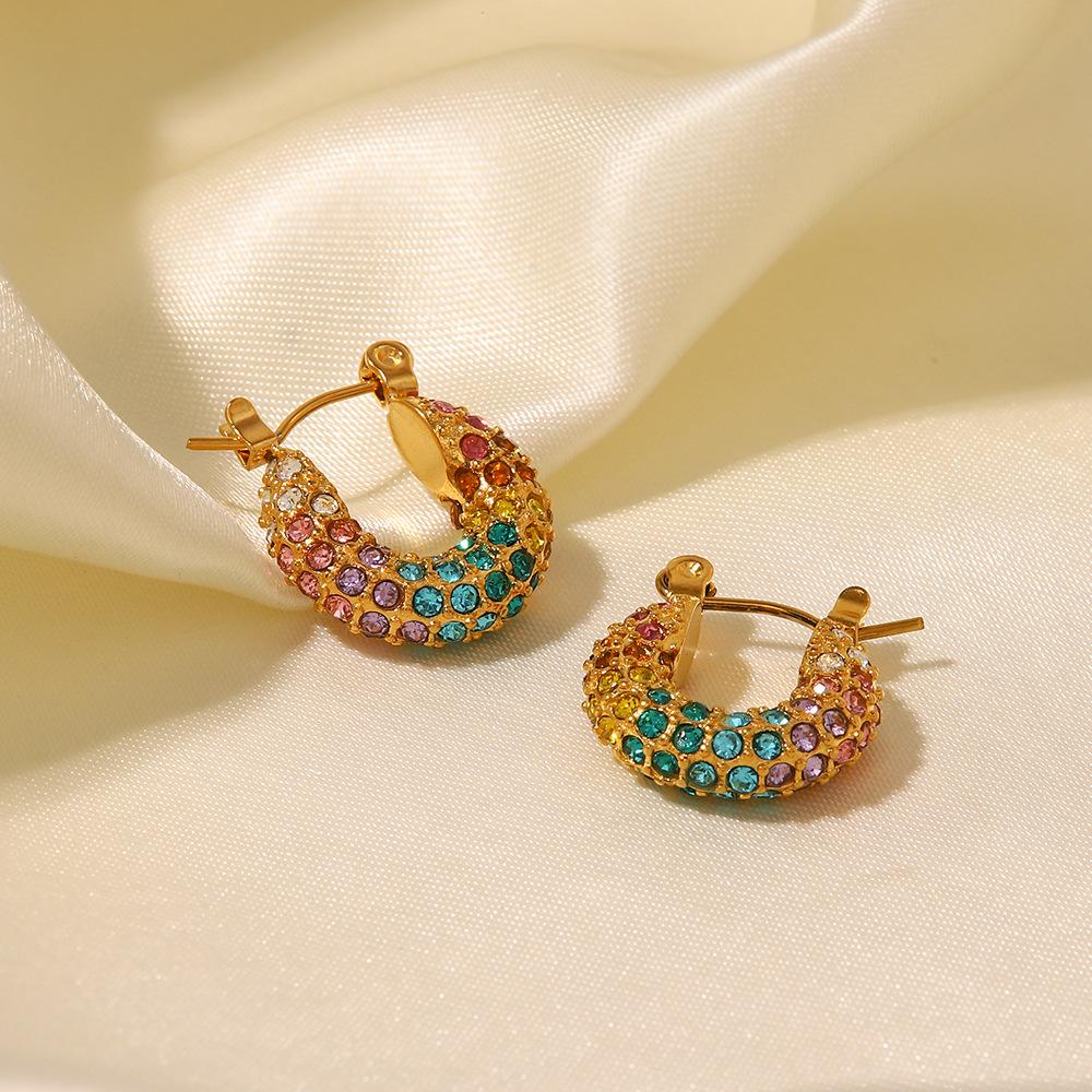 New Lava Hammered Colorful Zircon Earrings 18K Stainless Steel Gold Plated Chunky Hoop Earrings