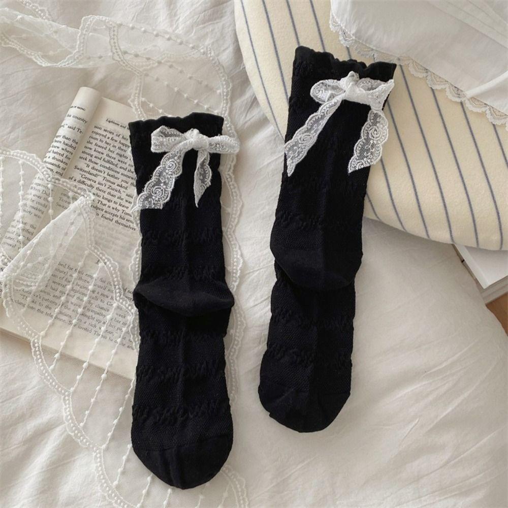 3Pairs Ins Style Mid Tube Socks Thin Sweet Socks Women Cute Lace Bow Socks  Girl
