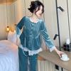 Golden Velvet Pajamas Set New Spring and Autumn Long-sleeved Trousers Korean Version Lace Edge Can Be Worn Outside Loungewear Pajamas