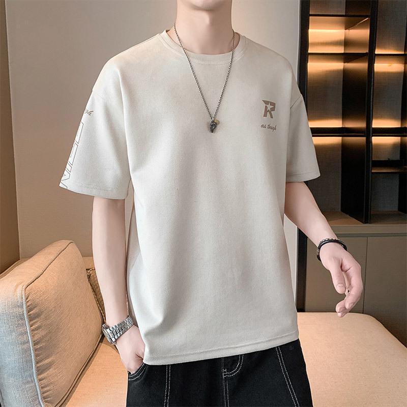 

Летняя мужская футболка с коротким рукавом, японская свежая, свободный топ, повседневная замшевая футболка XXXXL миндальный