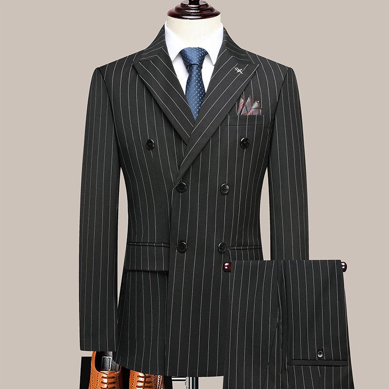 New Men's Slim Fit Double-Breasted British Stripe Suit - Perfect for Weddings & Groom Attire