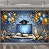 Graduation Season Blue and Gold Balloon Themed Banner Backdrop Adult Birthday Party Home Decoration Photography Backdrop Cloth