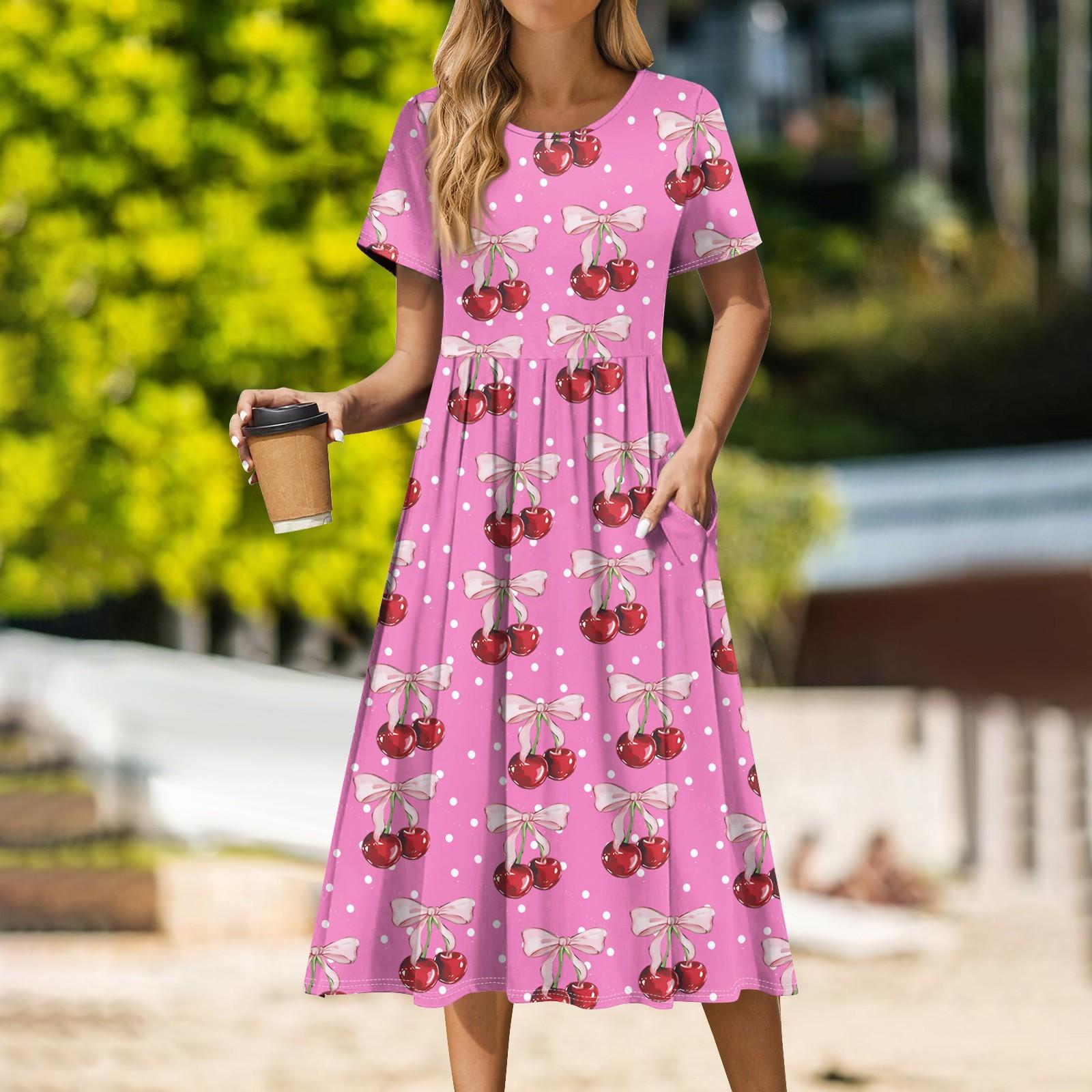 

Женское повседневное платье миди с круглым вырезом и принтом, классическое повседневное свободное платье с коротким рукавом, летнее S