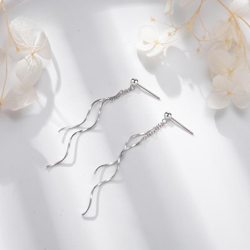 S925 Sterling Silver Twist Wave Linear Earrings, 925 Silver Long Dangle Earrings, Lightweight Party Jewelry for Girls
