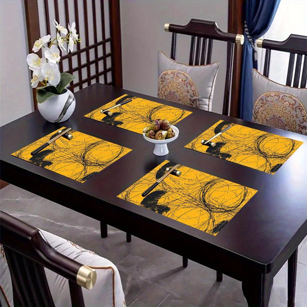 4pcs Retro Mustard Scribble Placemats Bold Black Line Art Print Washable Polyester Table Mats for Dining Kitchen Home Decor