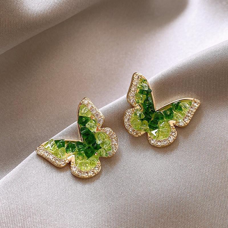 Mori gradual change green crystal butterfly earrings light luxury high-end stud earrings women's niche high-end diamond stud earrings jewelry