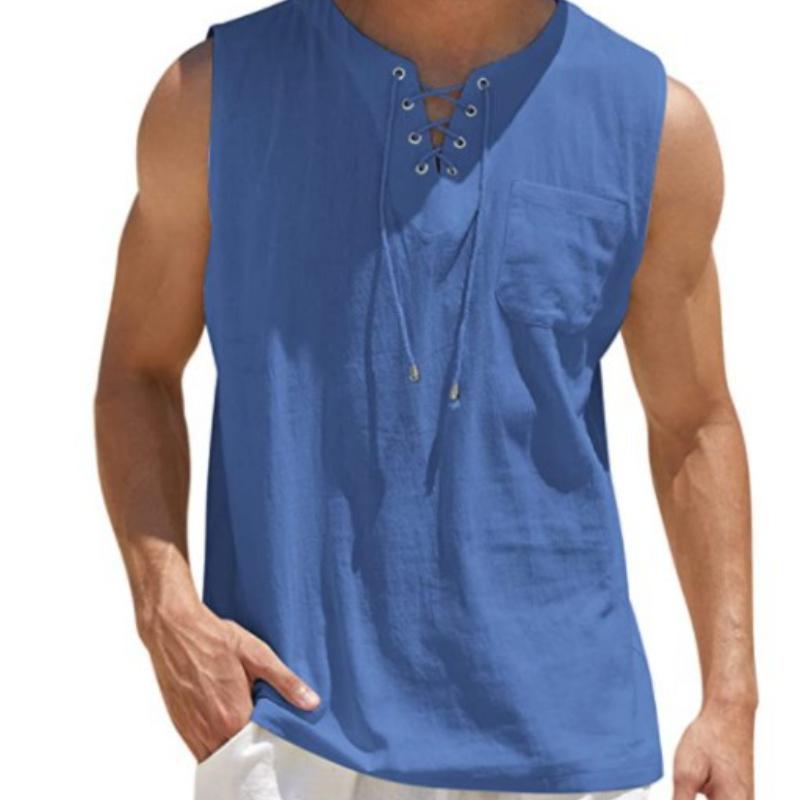 גופיית שרוכים לגברים תחבושת צלב צוואר V חולצה אופנה כותנה מוצקה פשתן חולצות ללא שרוולים