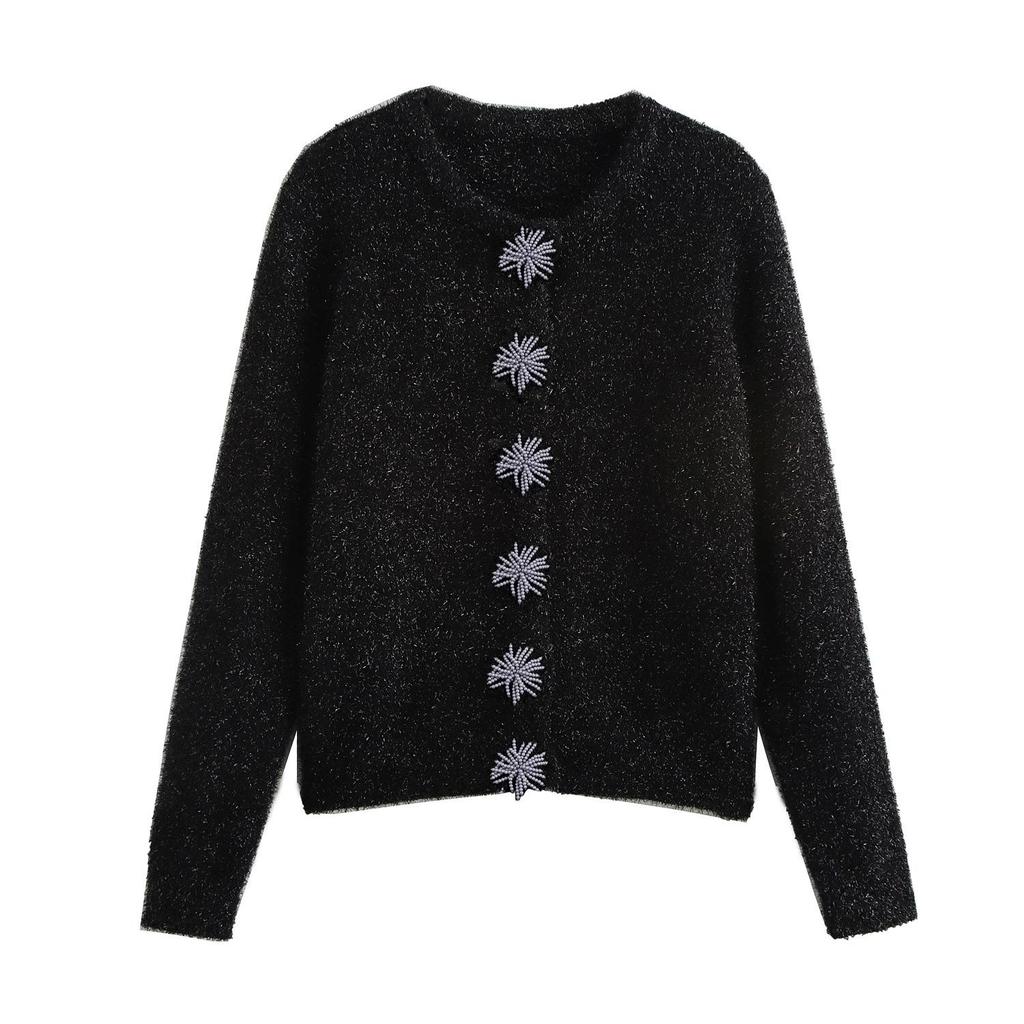 European & American Style Women's Beaded Knitted Cardigan with Metal Wire Flowers, 2024 Autumn Collection