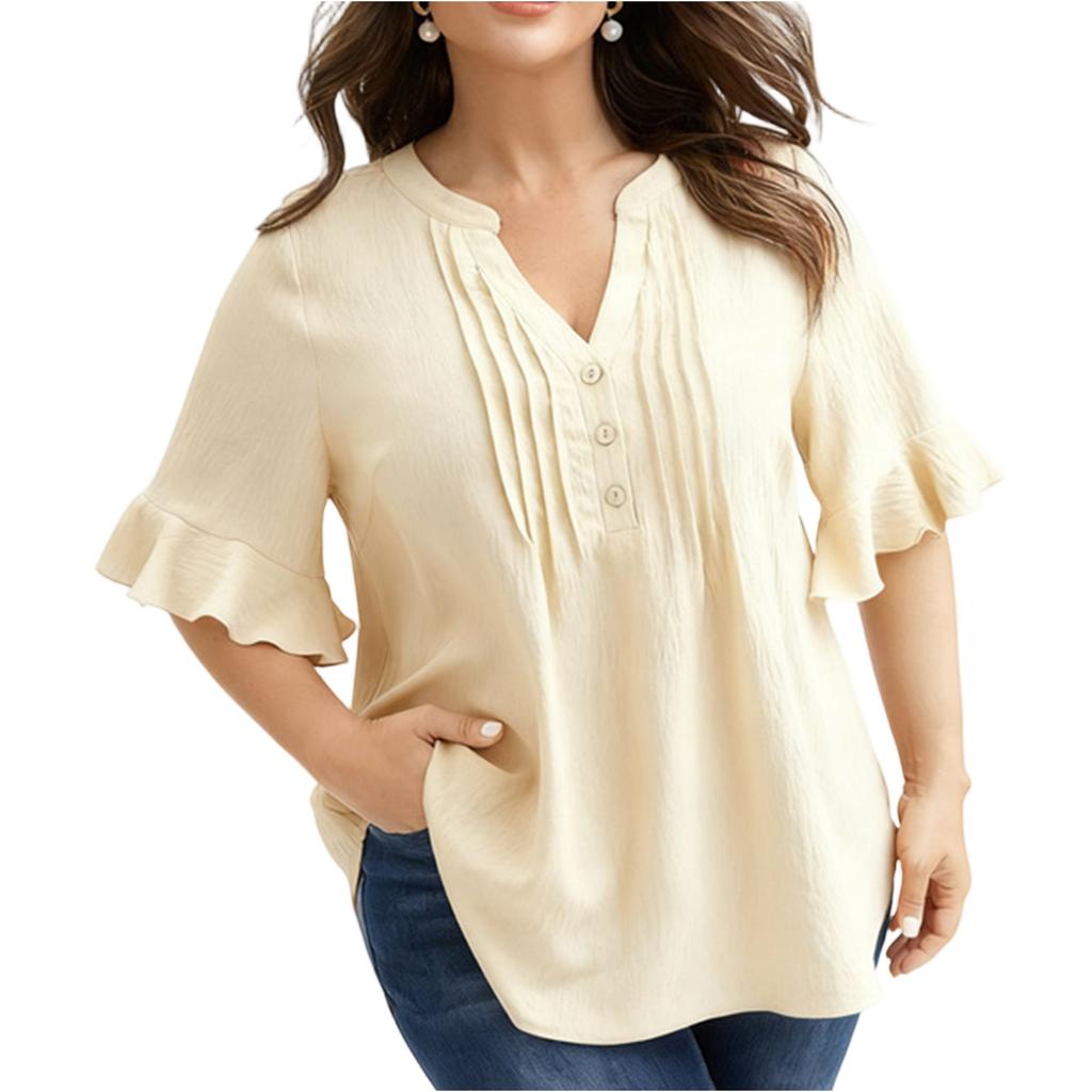Women's Plus Size V,neck Ruffle Pleated Button Loose Short Sleeve Top