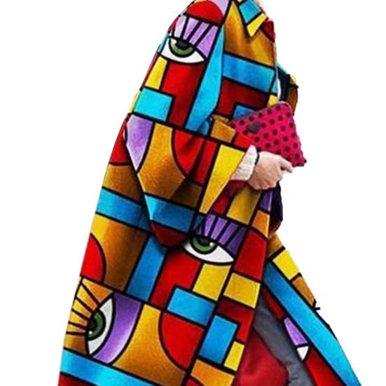 Módní kabát s geometrickým vzorem, klopovým designem a dlouhou délkou, jarní kabát pro venkovní nošení