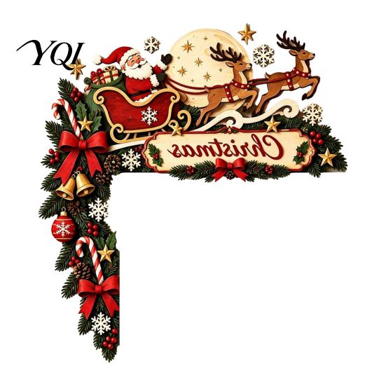 Xmas Fireplace Hanging Sign Christmas Door Topper, Funny Santa Claus Reindeer Sleigh Frame Holiday Decoration Corner Sign, Wooden Home Decor