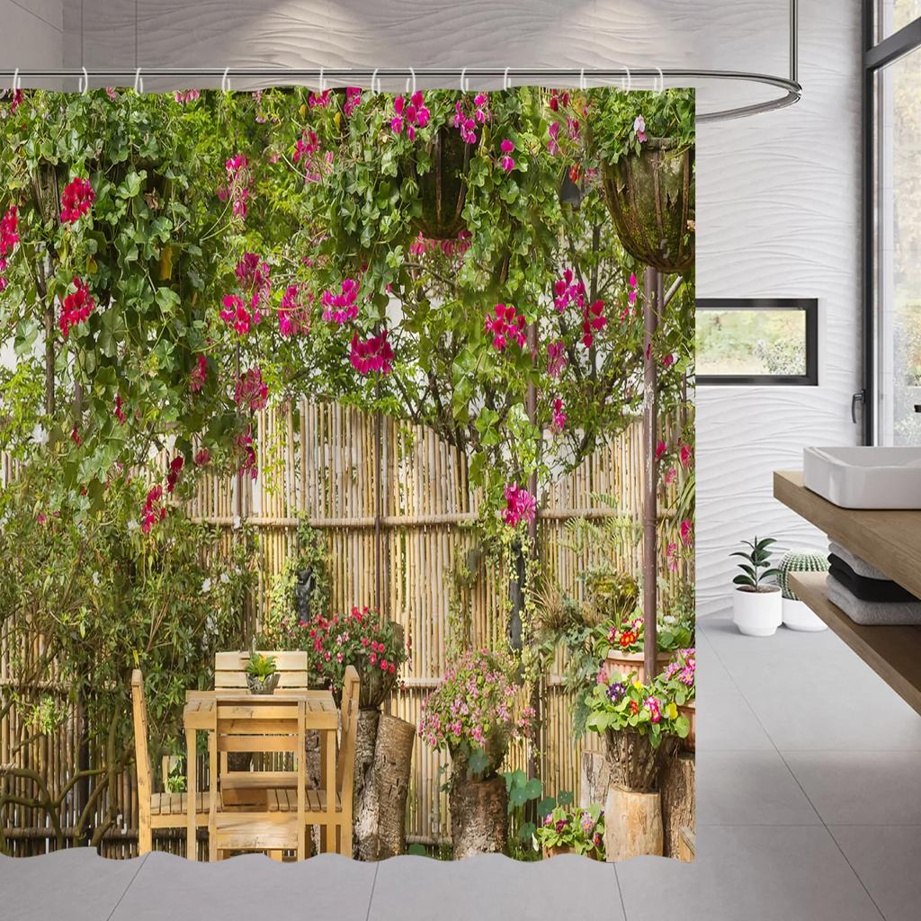 3D Landscape Shower Curtain Garden Wooden Bridge Plant Tree Flower Natural Scenery Bathroom Decor Hanging Wall Fabric Curtain