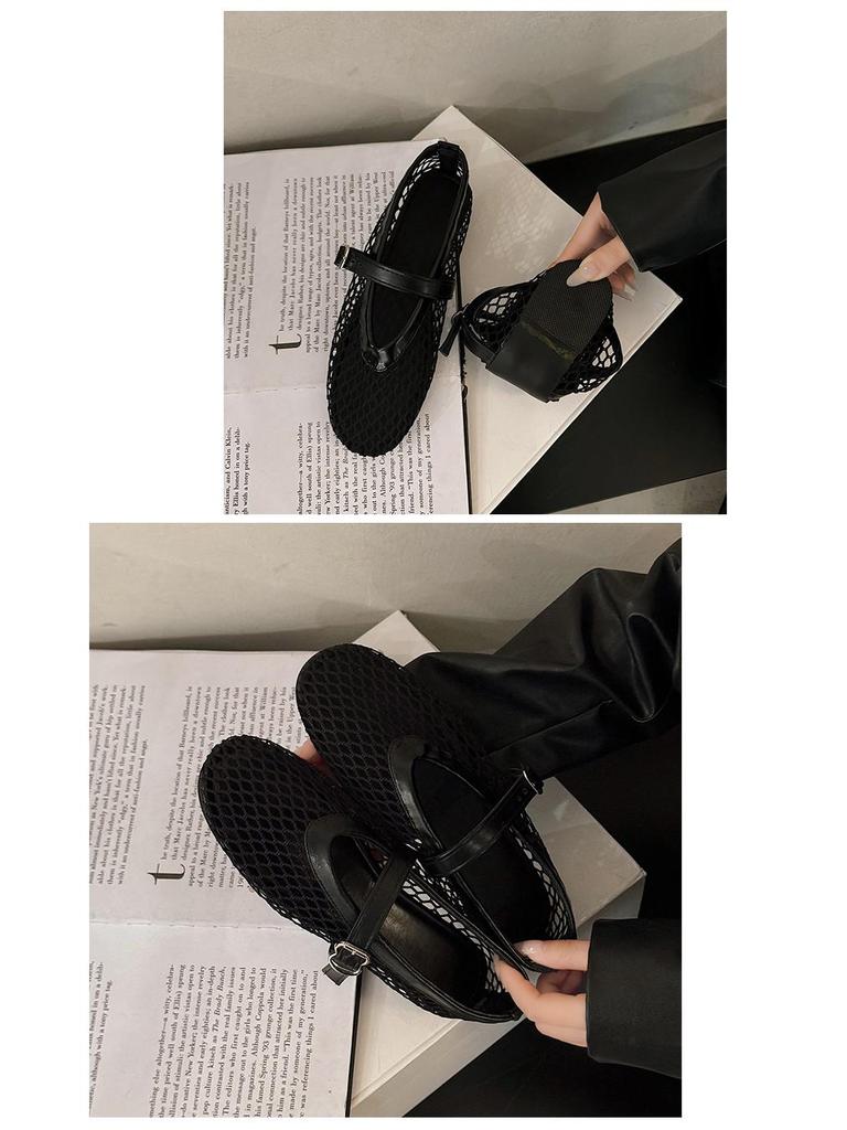 Damen Frühling Runde Zehenpartie Mesh Schnalle Mary Jane Ballerinas - Bequeme Ballett Fischernetz Schuhe