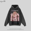 Unisex Oversized Distressed Cartoon Print Hoodie Long Sleeve Cotton Sweatshirt Streetwear