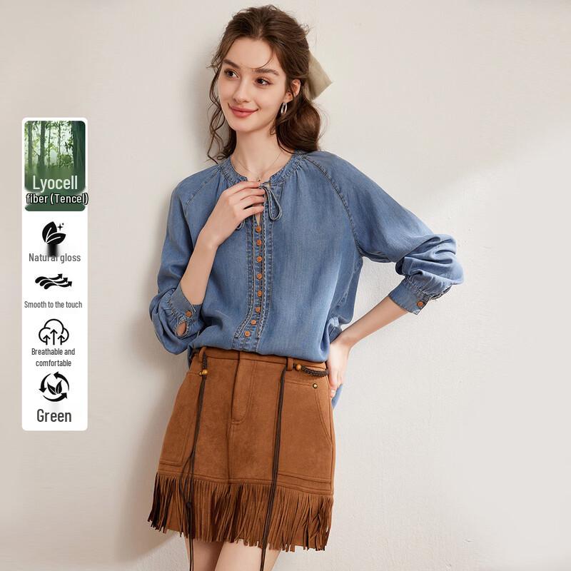 Bailuyu Lyocell Tie-Neck Denim-Style Shirt S