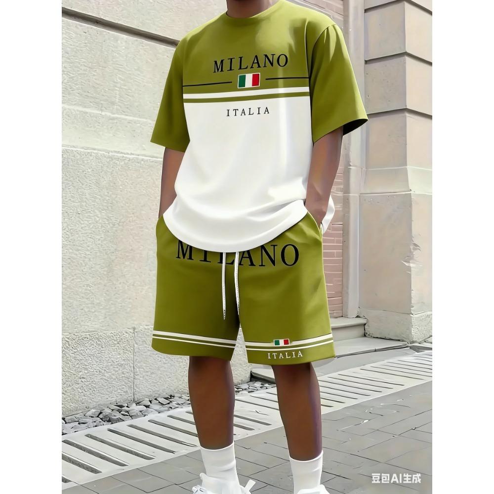 Men's Starry Sky Wolf Pack Print Short-Sleeved T-Shirt and Shorts Set