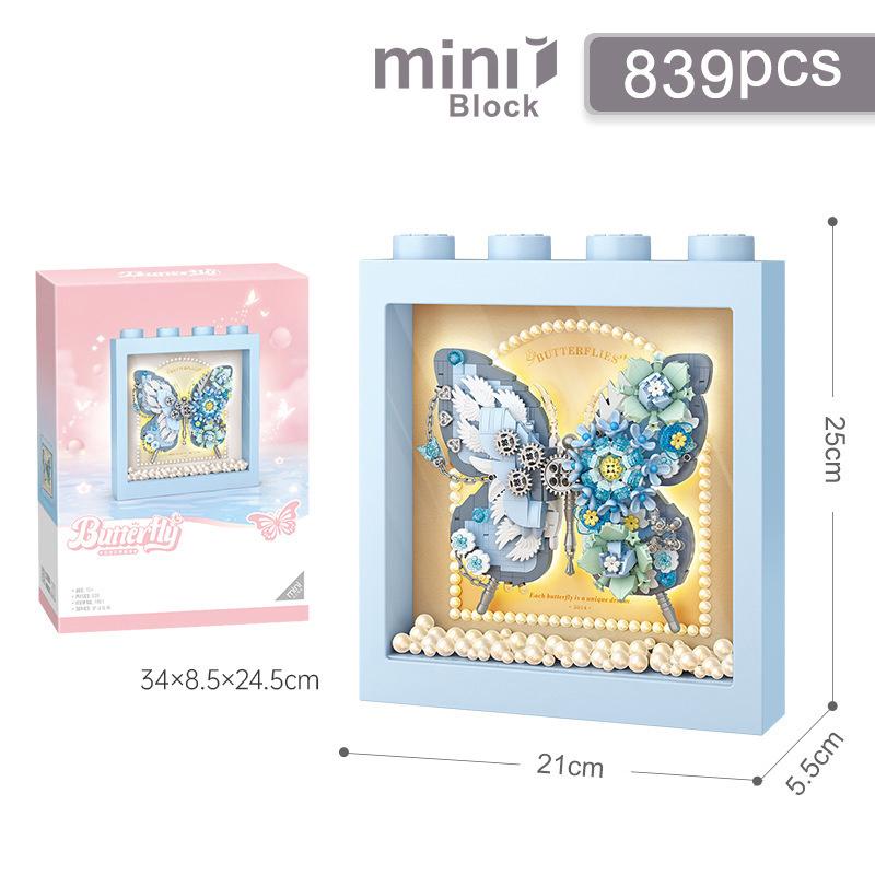 Idea Construction Brick Beauty Small Block Mechanical Flower Pearl Butterfly Photo Frame Construction Toys With Light For Girls Present