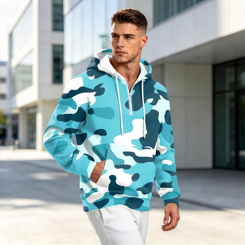 Men's Camouflage Print Zip-Up Hoodie, Casual Loose Fit Long Sleeve Hooded Sweatshirt for Fall Winter