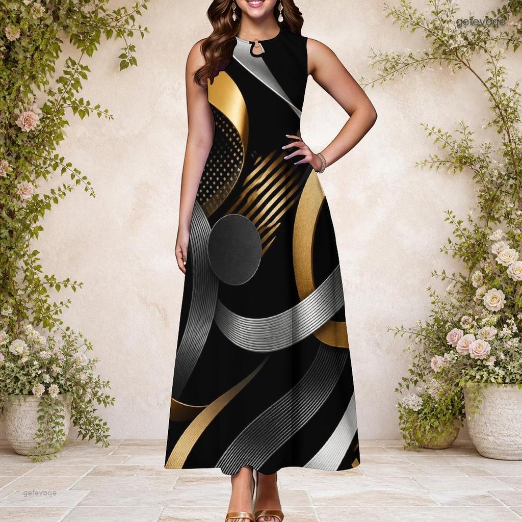 Women Plus Size Keyhole Neck Sleeveless Printed A Line Long Dress Dark Green And Gold