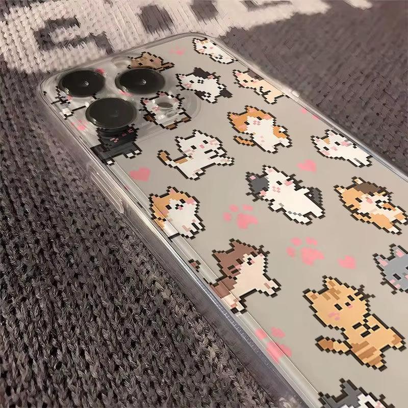 Pixel Style Cat and Paw Print Phone Case for iPhone 17 16 15 14 13 12 11 16E Series Pro Max Plus Double Layer Protection