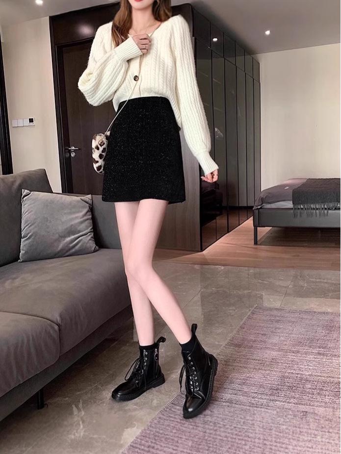 

2025 Black Woolen High-Waisted A-Line Midi Skirt for Women - Slimming, Versatile, Autumn/Winter XS чорний