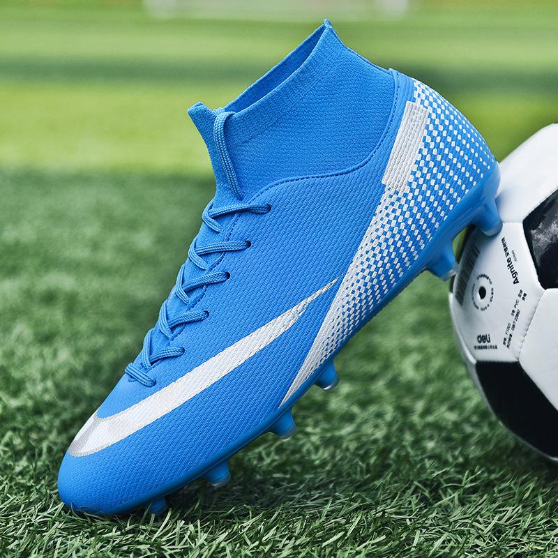 Football shoes high-top broken nails artificial turf leather feet men's and women's spikes competition student training shoes one piece 2025