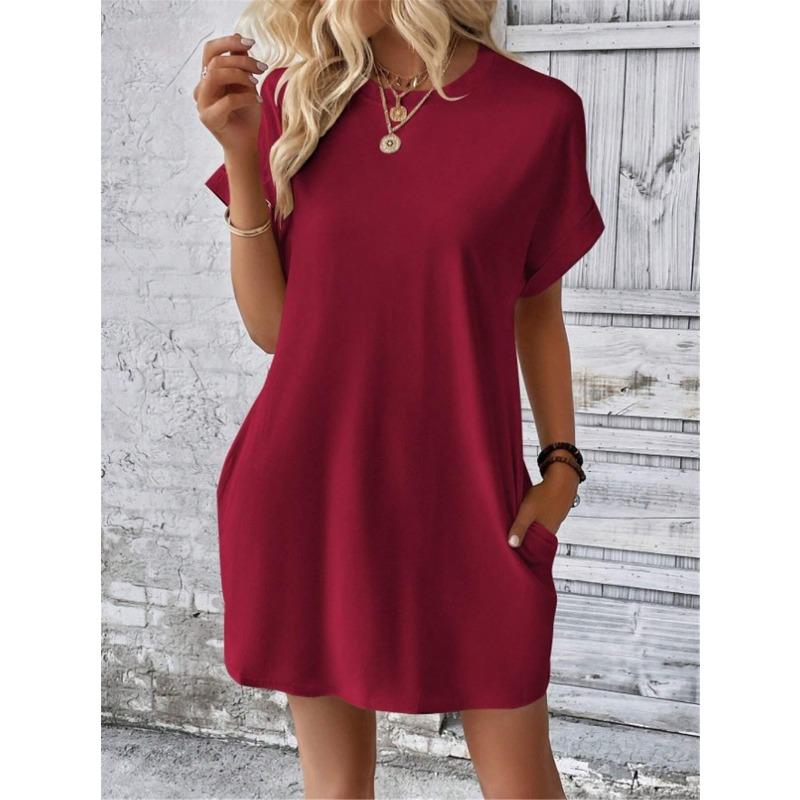 Women Casual Solid Color Round Neck Bat Sleeve Invisible Pocket Loose Short Sleeved Dress