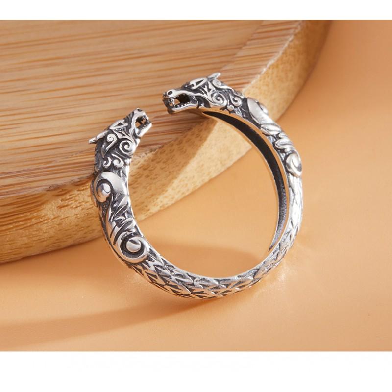 Adjustable Open Ring With Dual Dragon Motif Vintage Style Plated Men Women Fashion Jewelry Of