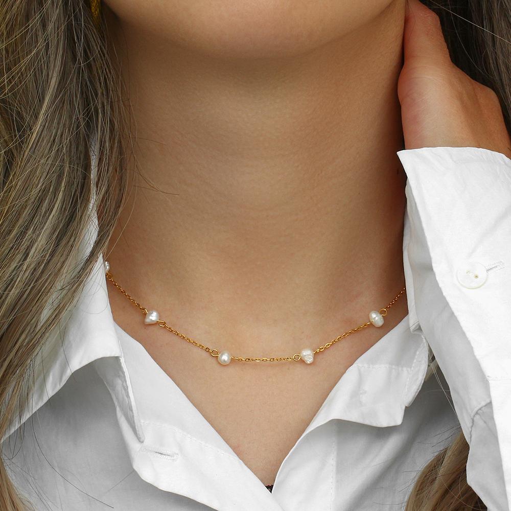 Elegant Baroque Freshwater Pearl Beaded Necklaces Romantic 18K Gold Plated Stainless Steel Chain Necklace for Women Wedding