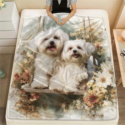 Maltese Dog and Flowers,pattern Flannel Blanket, High Quality Comfortable for All Seasons, Home Decor, Warmth and Comfort, Perfect for Gifts.